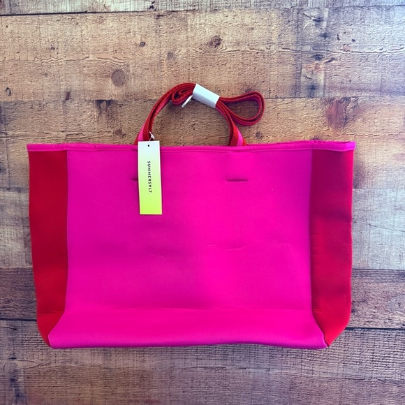 NWT SUMMERSALT Beach Tote Hand Bag Neoprene Red Pink/Rough Rose Color - Picture 5 of 10